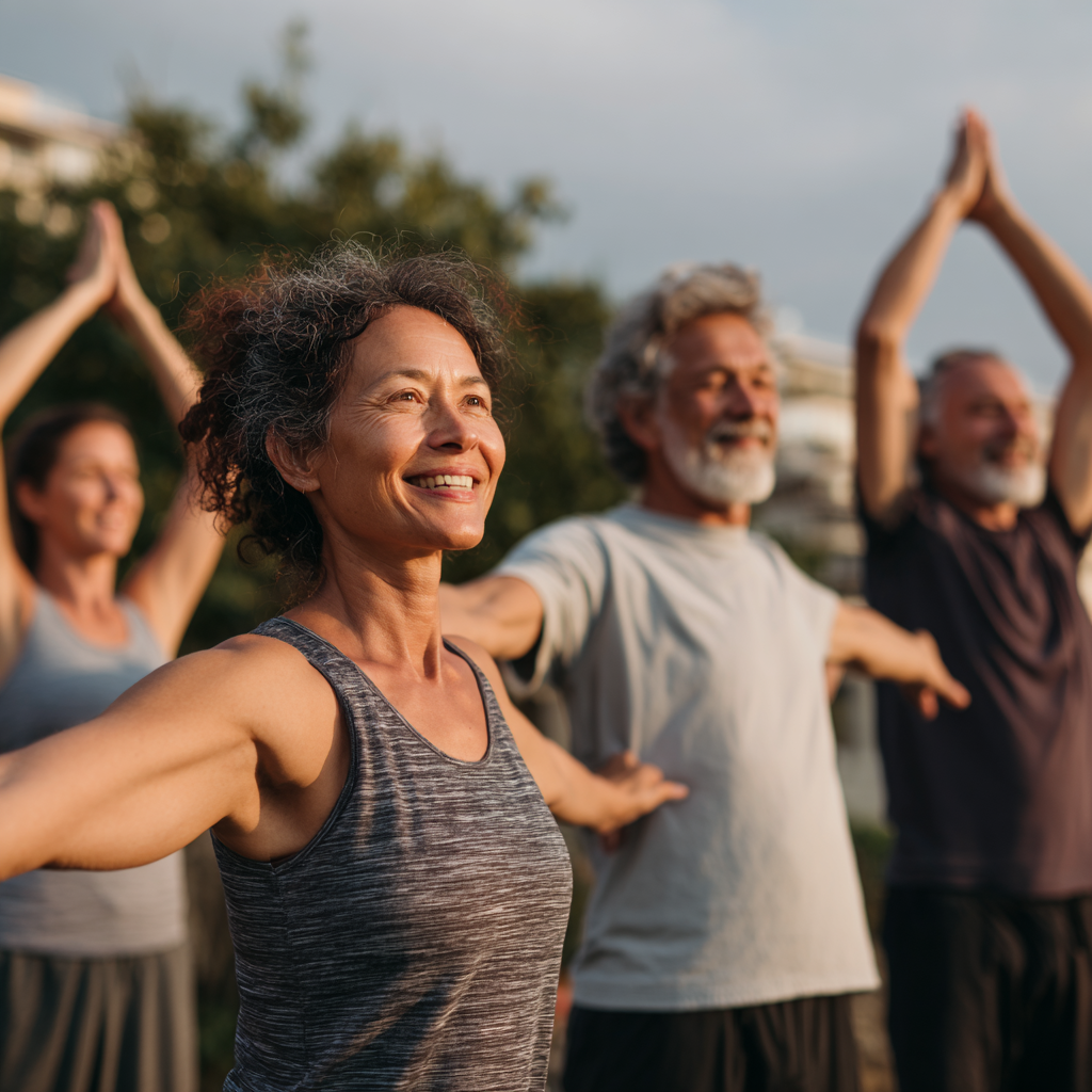 Group of Romanian adults in a yoga class practicing breathing exercises and gentle movements