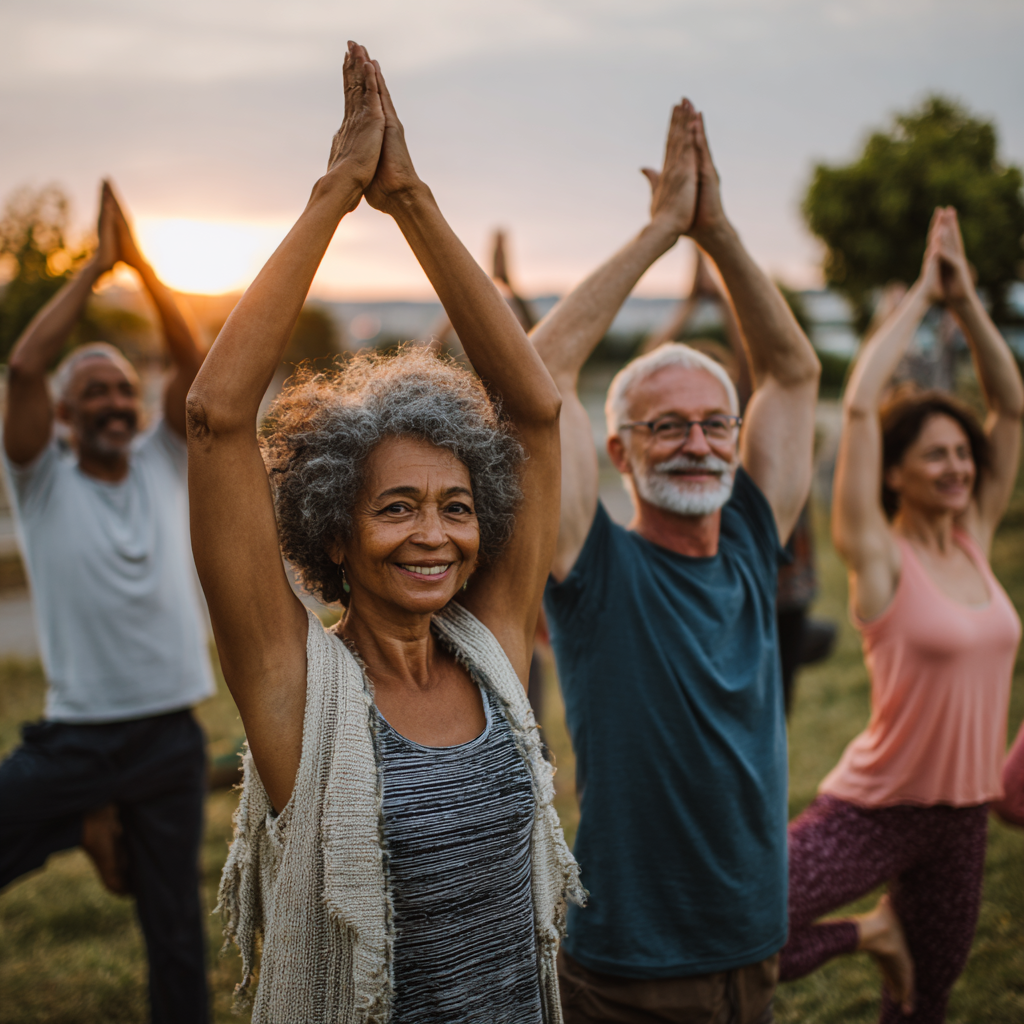 Romanian yoga instructor demonstrating proper alignment and breathing techniques to a small group